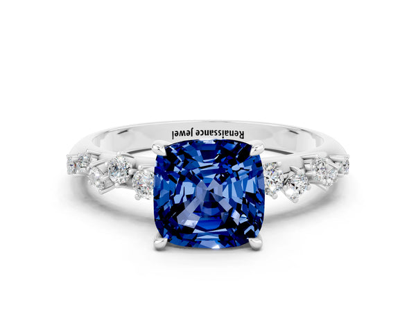 Platinum Cushion Cut Blue Sapphire Cluster Side Stone Solitaire Ring with Prong Setting