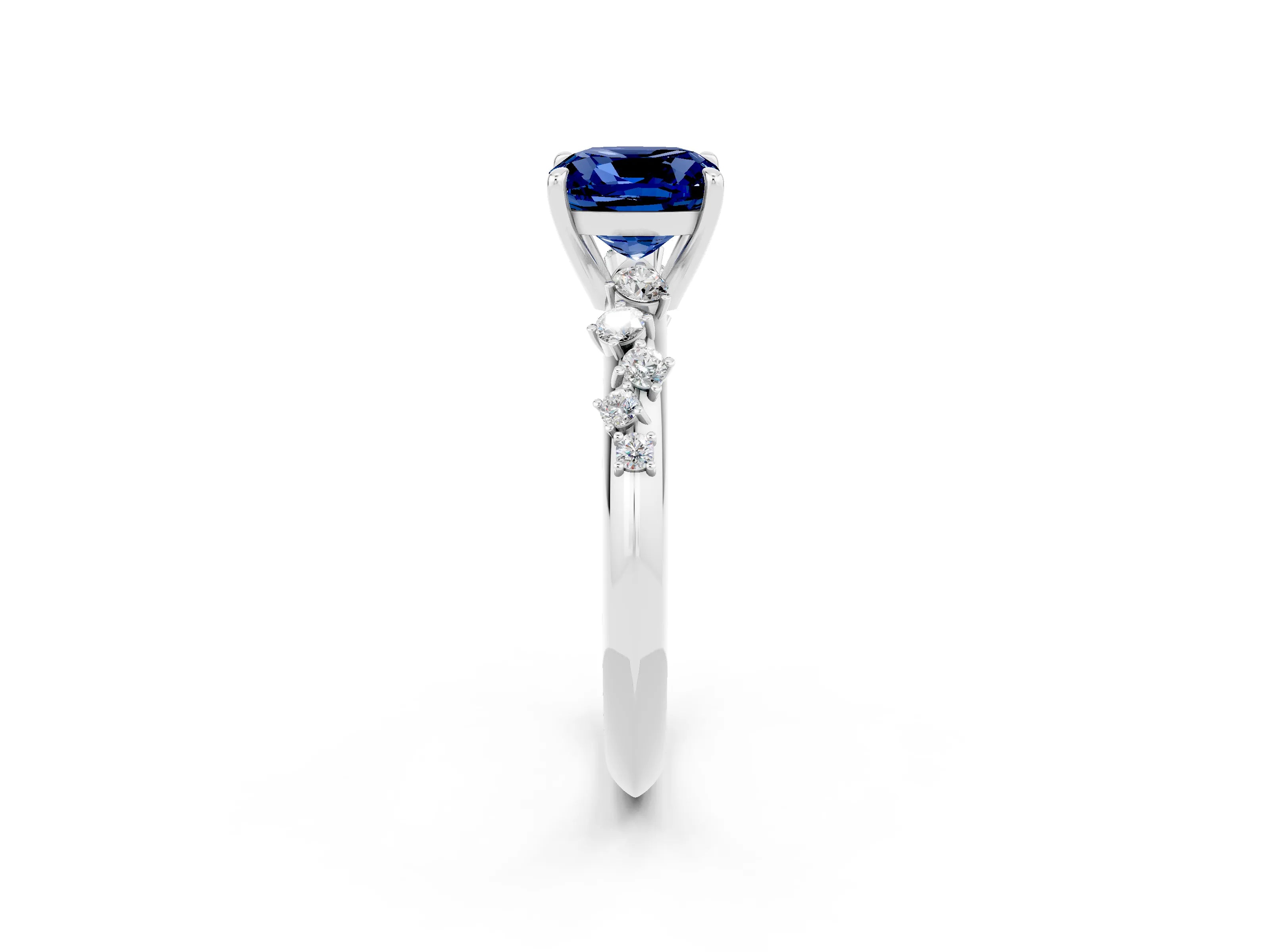 White gold Cushion Cut Blue Sapphire Cluster Side Stone Solitaire Ring with Prong Setting_26