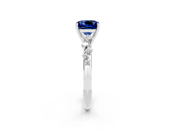 Platinum Cushion Cut Blue Sapphire Cluster Side Stone Solitaire Ring with Prong Setting