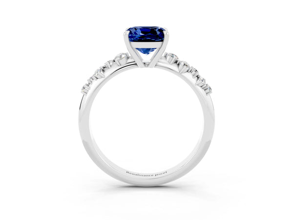 White gold Cushion Cut Blue Sapphire Cluster Side Stone Solitaire Ring with Prong Setting