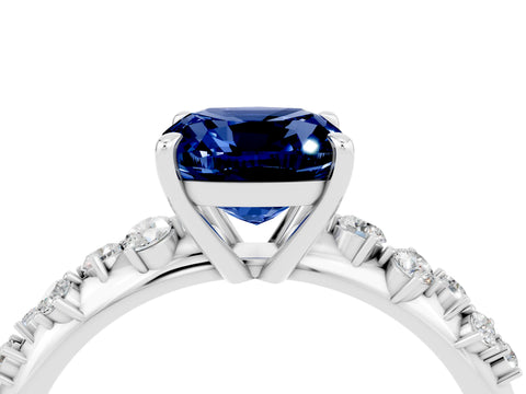 White gold Cushion Cut Blue Sapphire Cluster Side Stone Solitaire Ring with Prong Setting_28