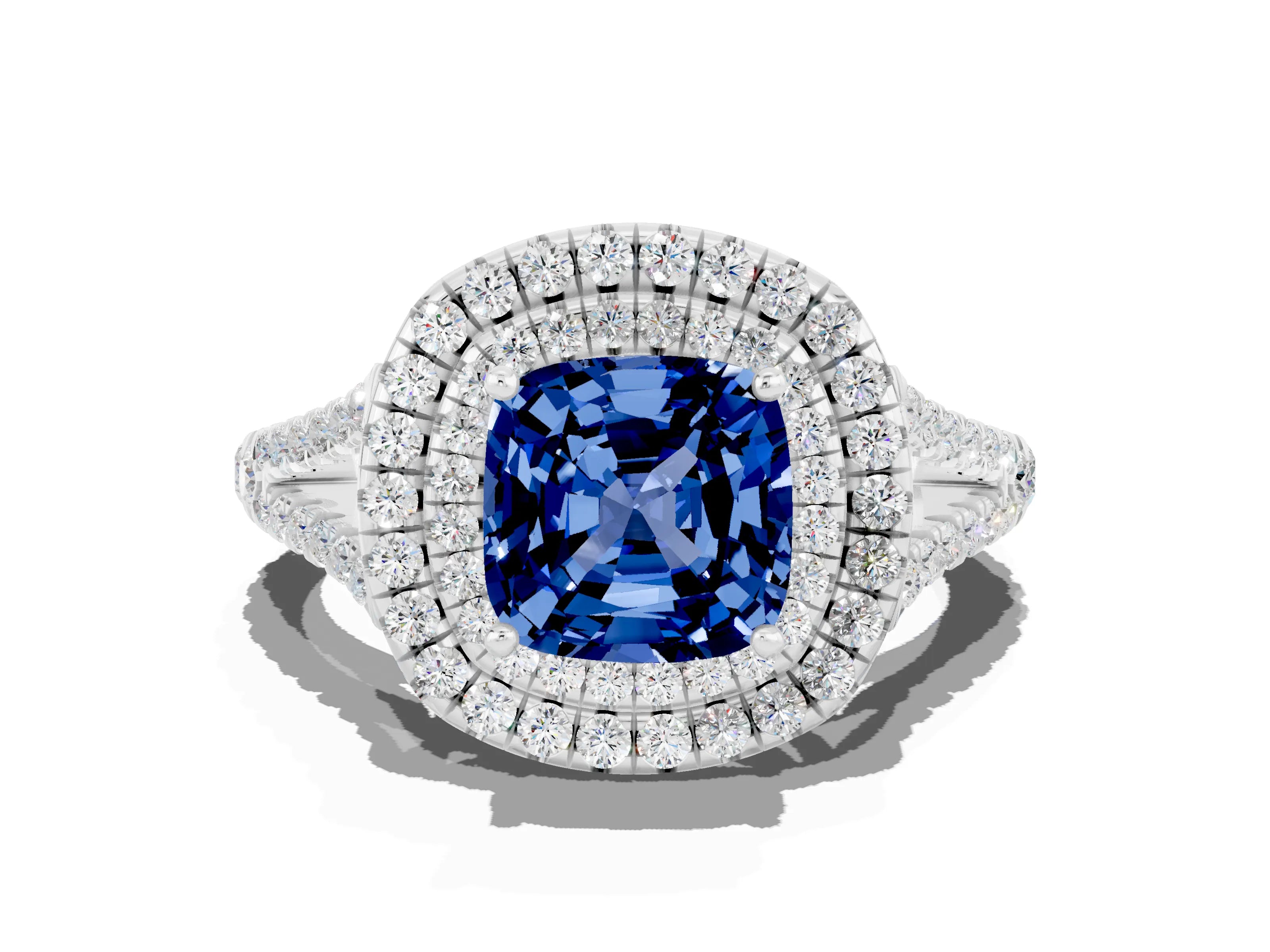 White gold Cushion Cut Blue Sapphire Double Halo Ring with Pavé Band and Prong Setting_12