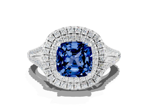 White gold Cushion Cut Blue Sapphire Double Halo Ring with Pavé Band and Prong Setting_12