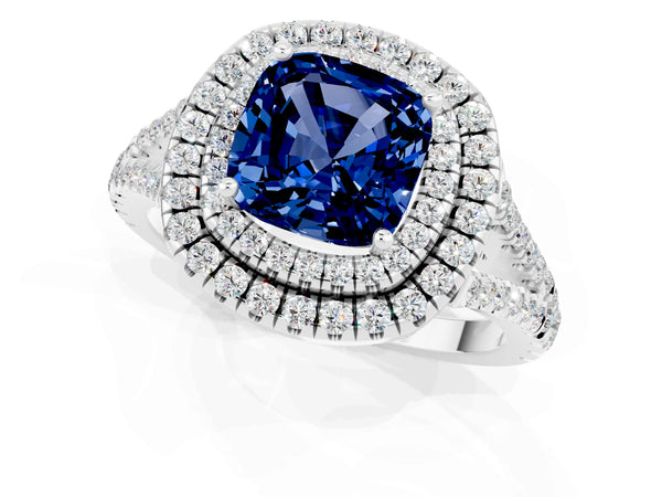 Silver Cushion Cut Blue Sapphire Double Halo Ring with Pavé Band and Prong Setting