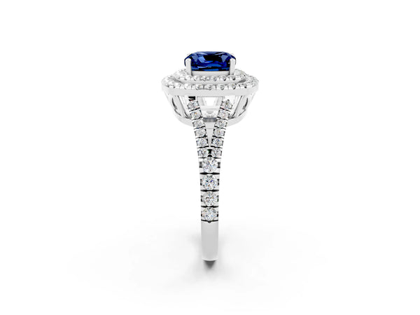 Silver Cushion Cut Blue Sapphire Double Halo Ring with Pavé Band and Prong Setting