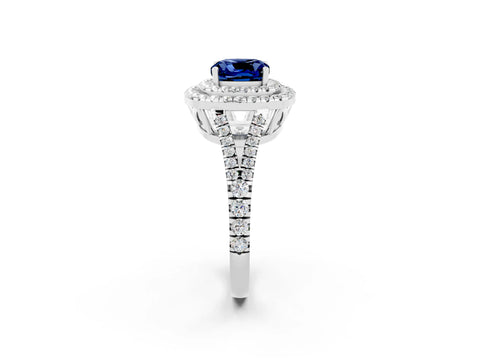 White gold Cushion Cut Blue Sapphire Double Halo Ring with Pavé Band and Prong Setting_14