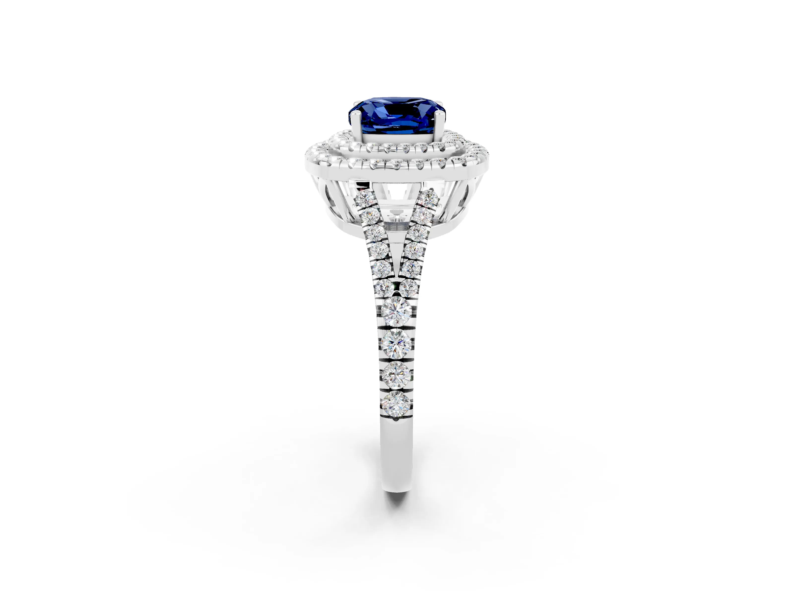 White gold Cushion Cut Blue Sapphire Double Halo Ring with Pavé Band and Prong Setting_14