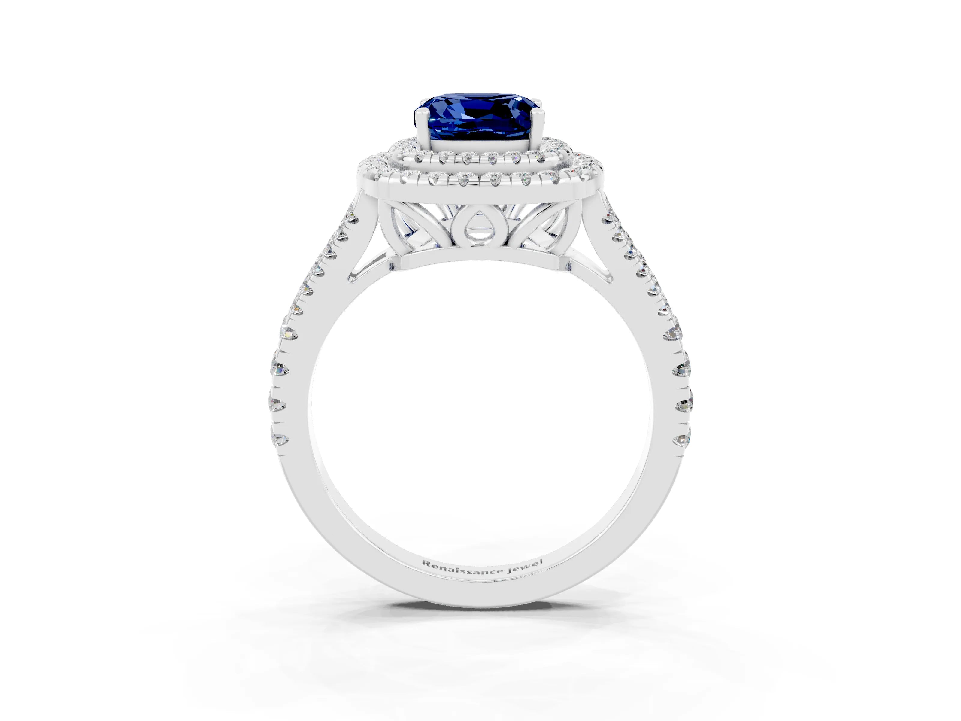 White gold Cushion Cut Blue Sapphire Double Halo Ring with Pavé Band and Prong Setting_15