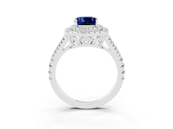 White gold Cushion Cut Blue Sapphire Double Halo Ring with Pavé Band and Prong Setting