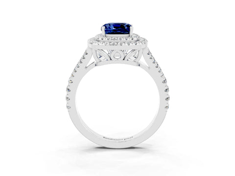 White gold Cushion Cut Blue Sapphire Double Halo Ring with Pavé Band and Prong Setting_15