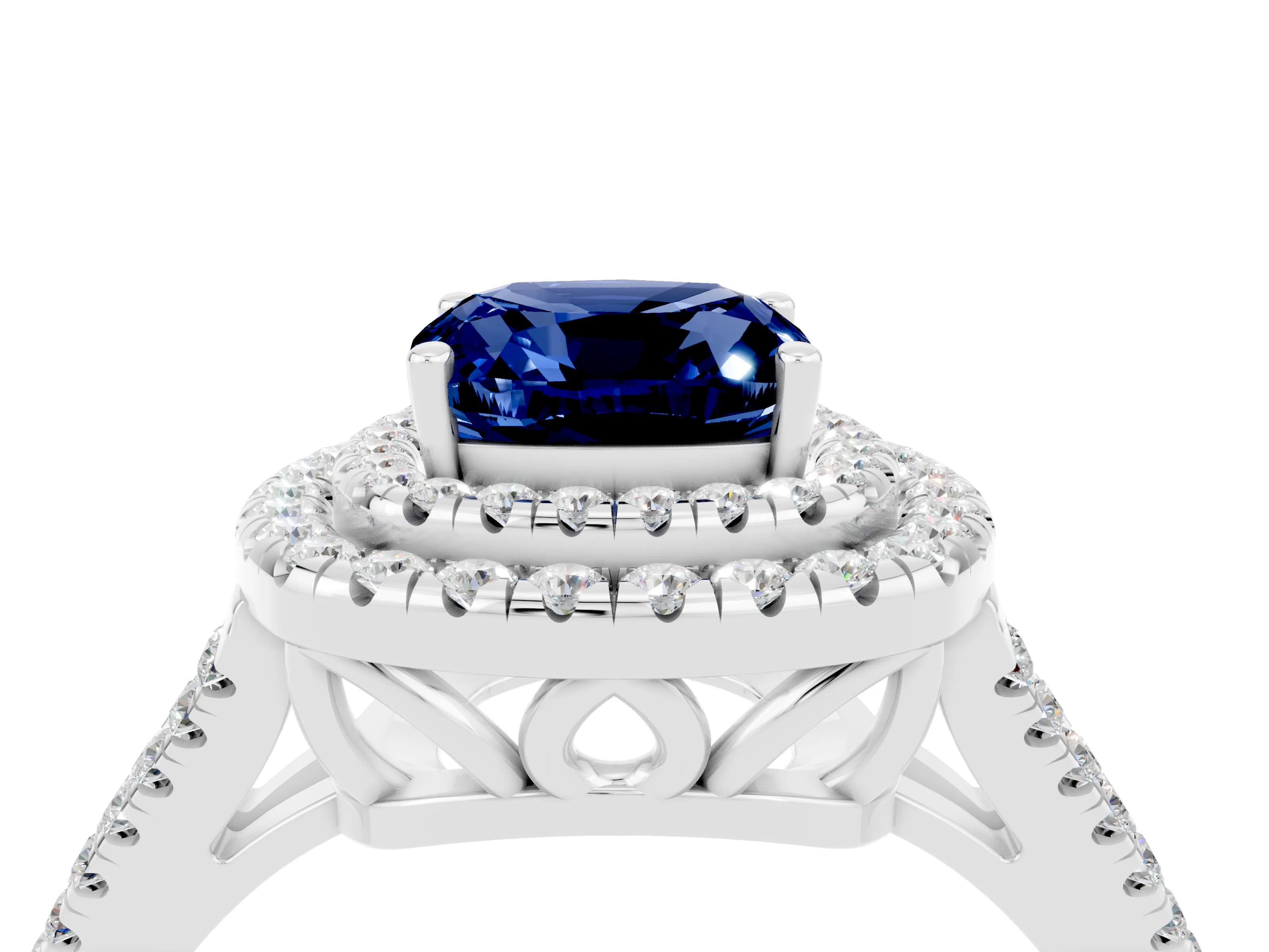 White gold Cushion Cut Blue Sapphire Double Halo Ring with Pavé Band and Prong Setting_16