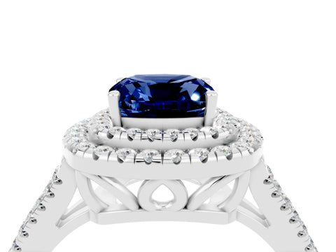 White gold Cushion Cut Blue Sapphire Double Halo Ring with Pavé Band and Prong Setting_16
