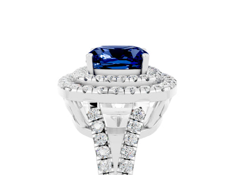 White gold Cushion Cut Blue Sapphire Double Halo Ring with Pavé Band and Prong Setting_17
