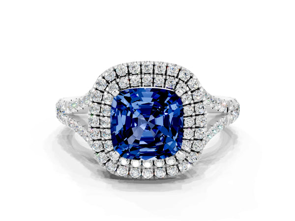Silver Cushion Cut Blue Sapphire Double Halo Ring with Split Shank and Prong Setting