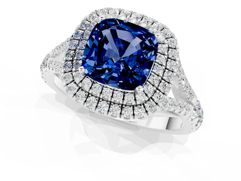White gold Cushion Cut Blue Sapphire Double Halo Ring with Split Shank and Prong Setting_13