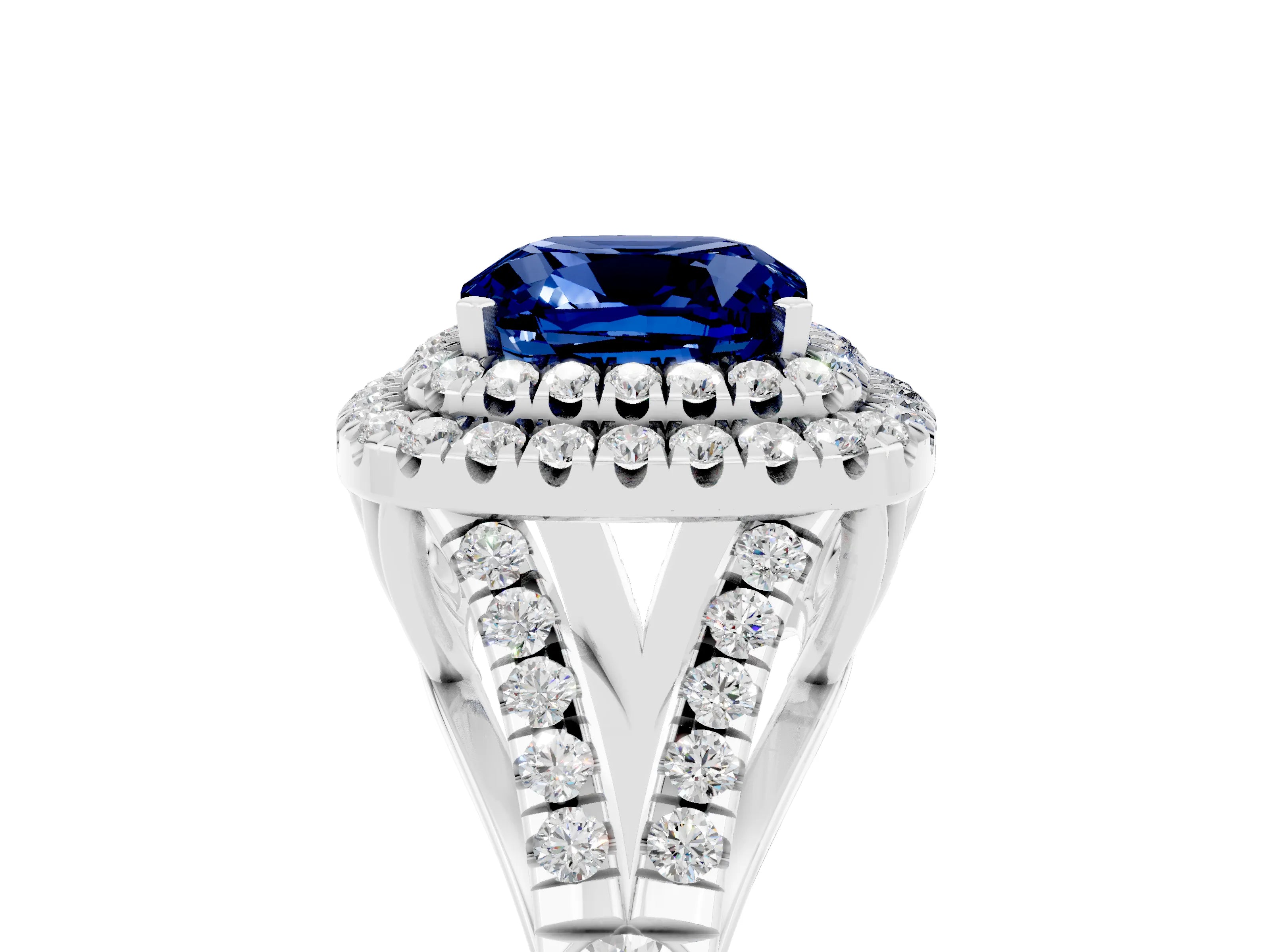 White gold Cushion Cut Blue Sapphire Double Halo Ring with Split Shank and Prong Setting_17