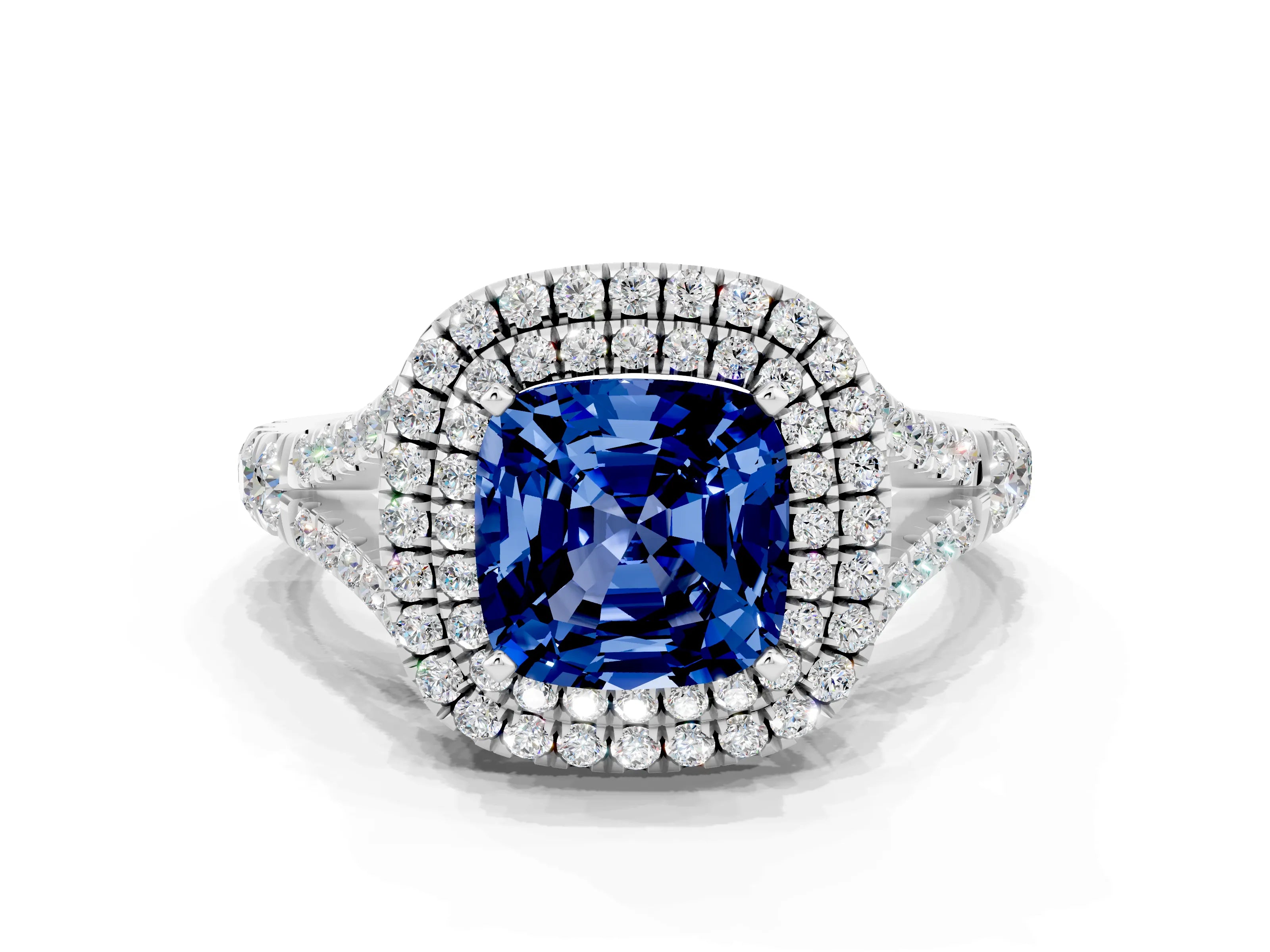White gold Cushion Cut Blue Sapphire Double Halo Ring with Split Shank and Prong Setting_24