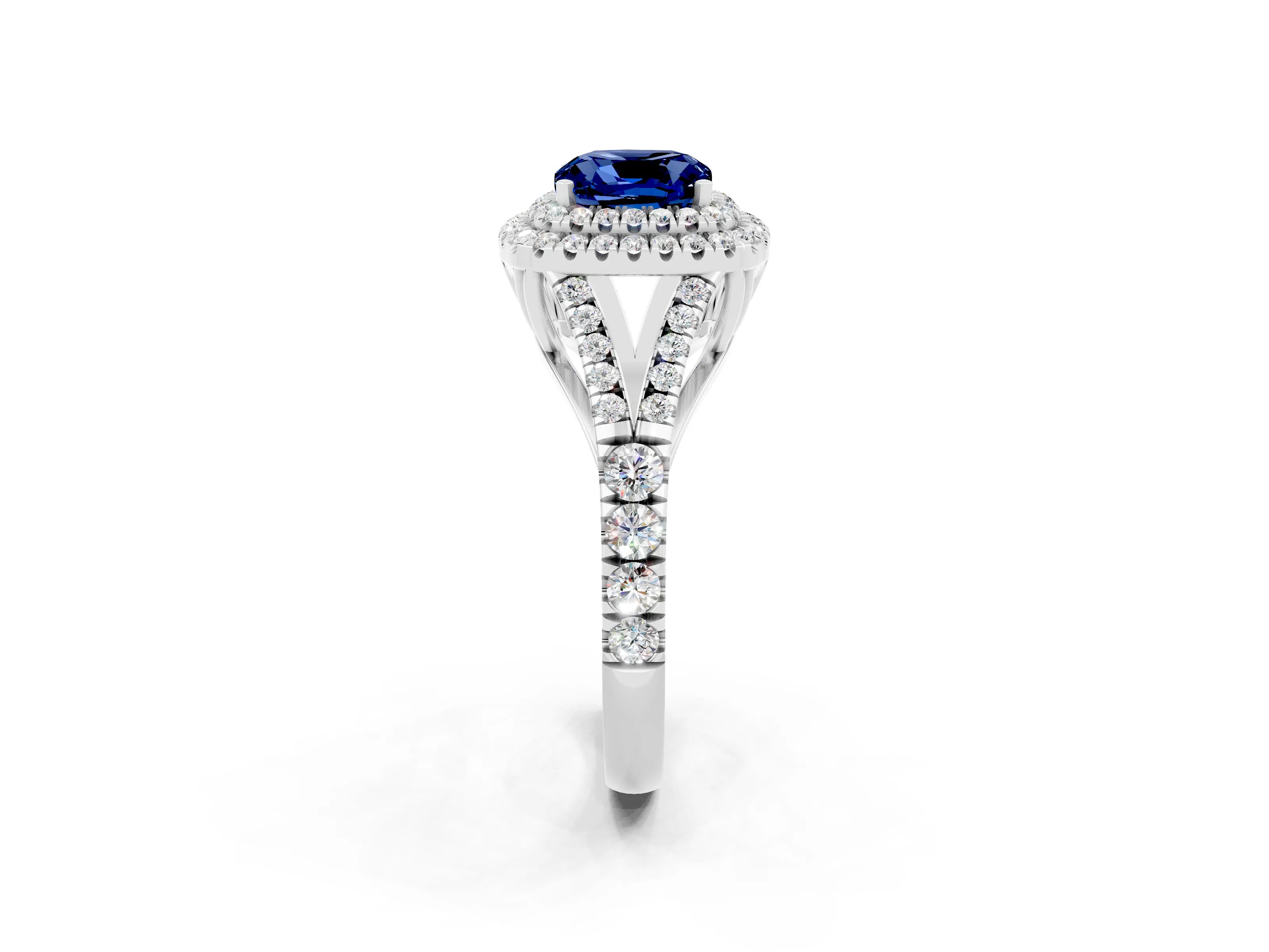 White gold Cushion Cut Blue Sapphire Double Halo Ring with Split Shank and Prong Setting_26