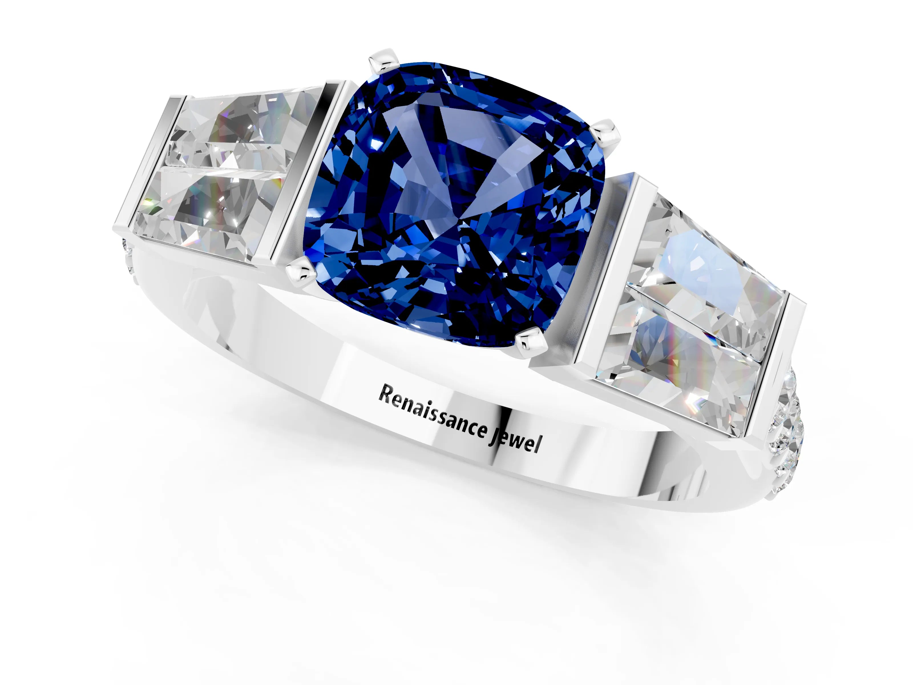 White gold Cushion Cut Blue Sapphire Engagement Ring with Baguette Side Stones and Channel Set Band_1