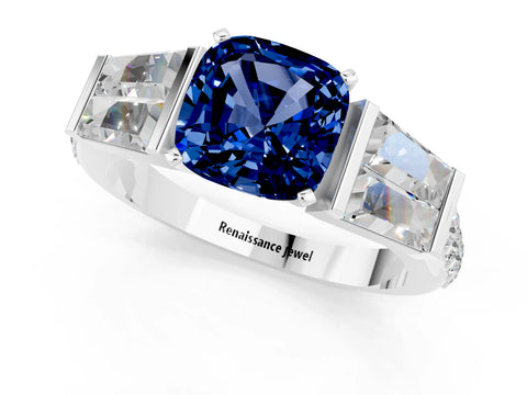 White gold Cushion Cut Blue Sapphire Engagement Ring with Baguette Side Stones and Channel Set Band_1