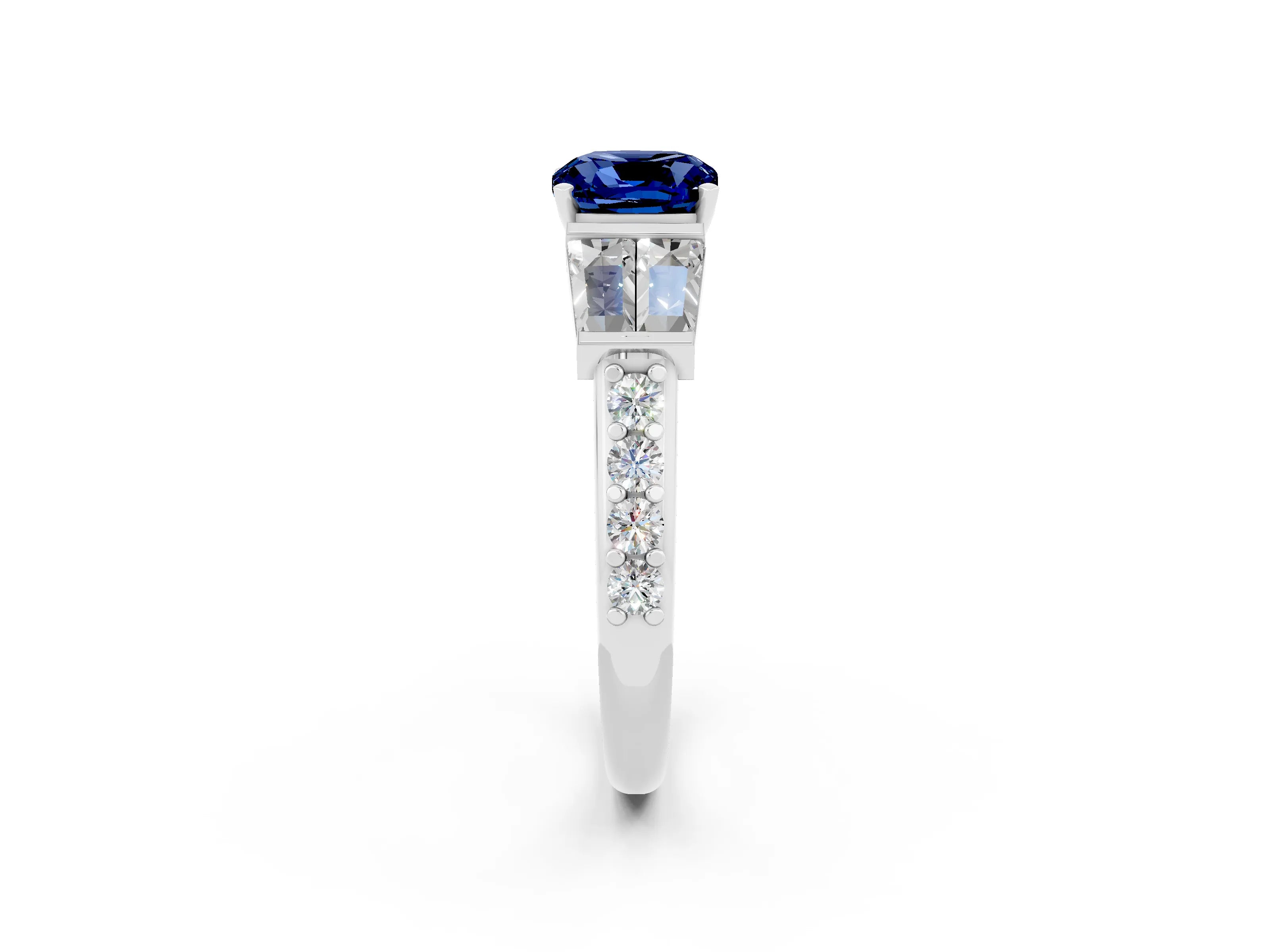 White gold Cushion Cut Blue Sapphire Engagement Ring with Baguette Side Stones and Channel Set Band_2