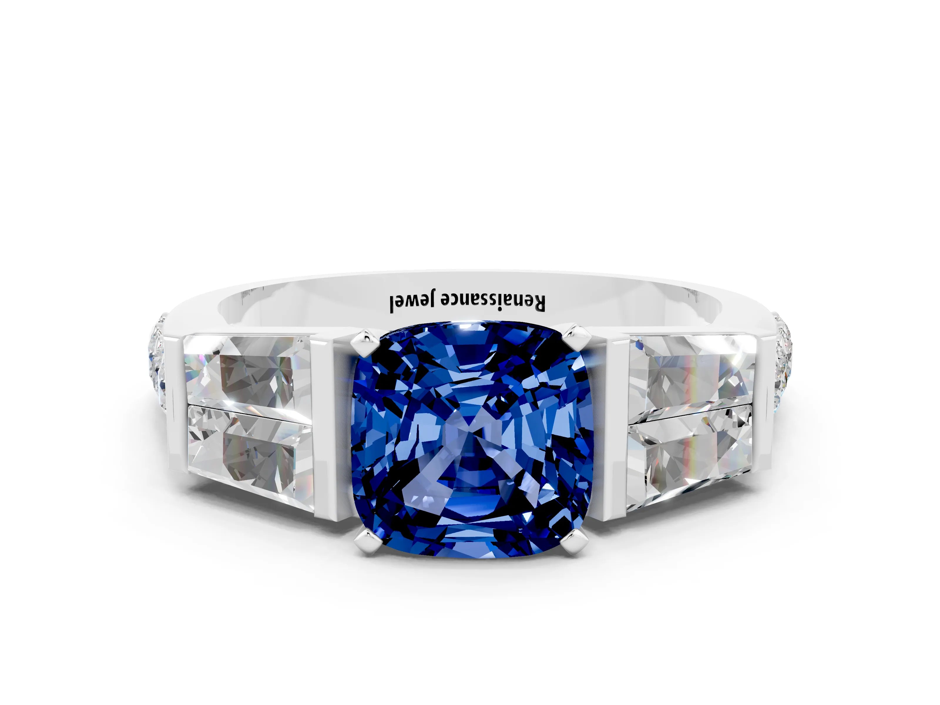 White gold Cushion Cut Blue Sapphire Engagement Ring with Baguette Side Stones and Channel Set Band