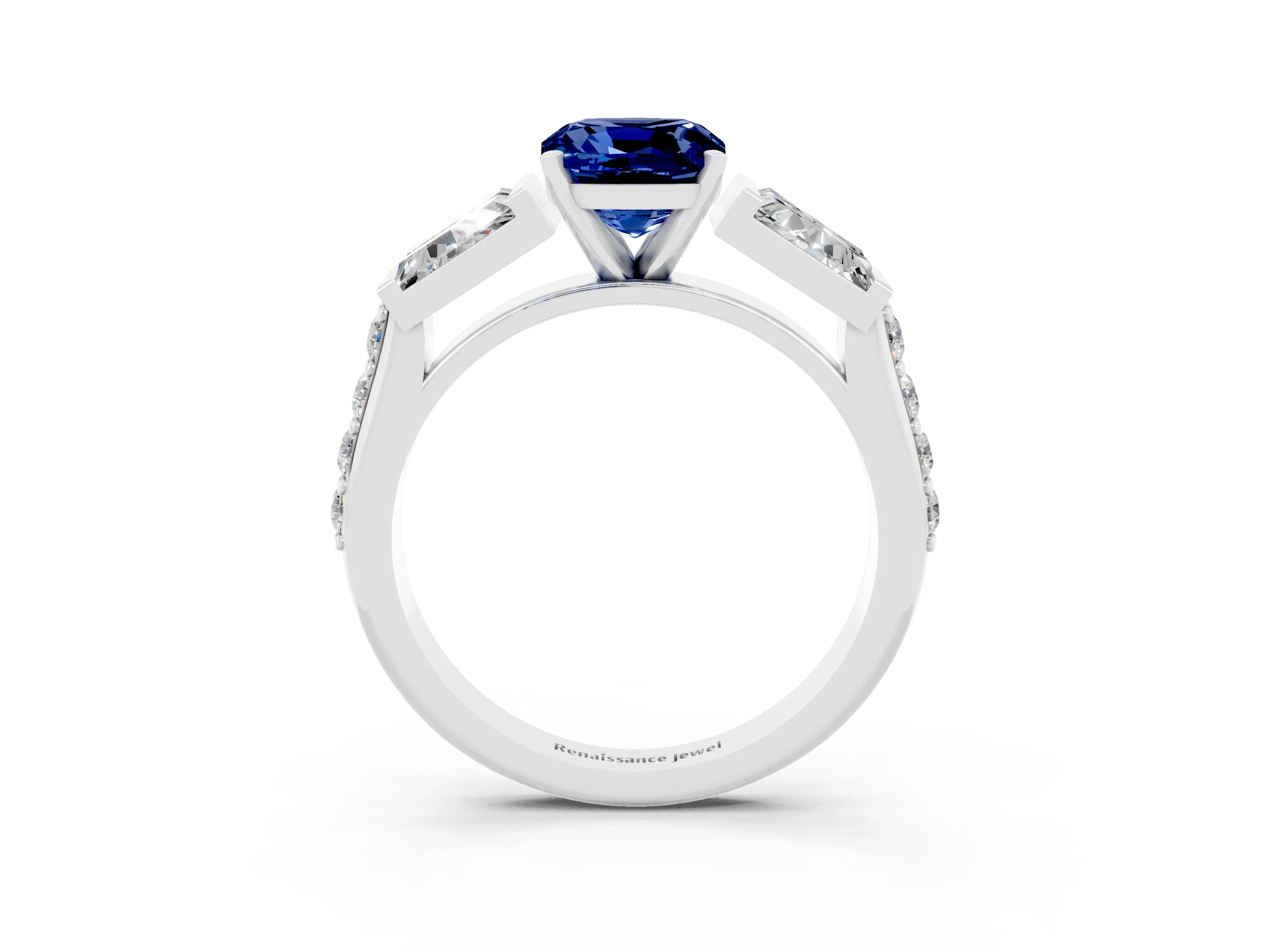 White gold Cushion Cut Blue Sapphire Engagement Ring with Baguette Side Stones and Channel Set Band_3