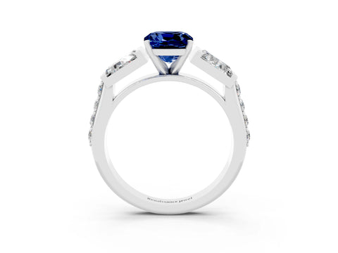 White gold Cushion Cut Blue Sapphire Engagement Ring with Baguette Side Stones and Channel Set Band_3