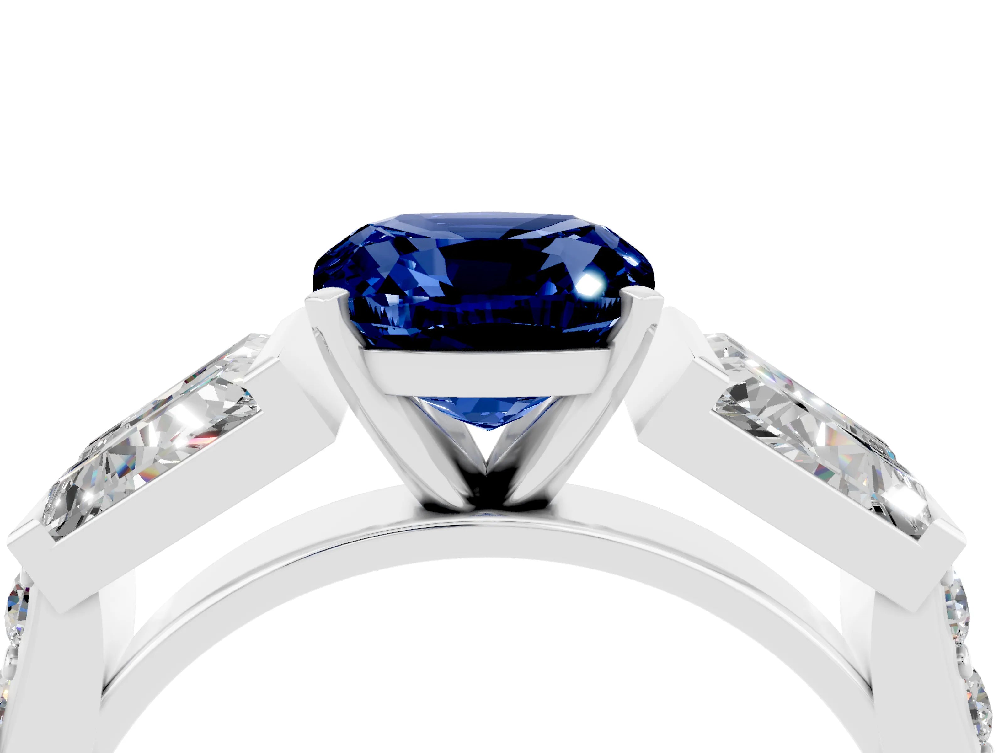 White gold Cushion Cut Blue Sapphire Engagement Ring with Baguette Side Stones and Channel Set Band_4