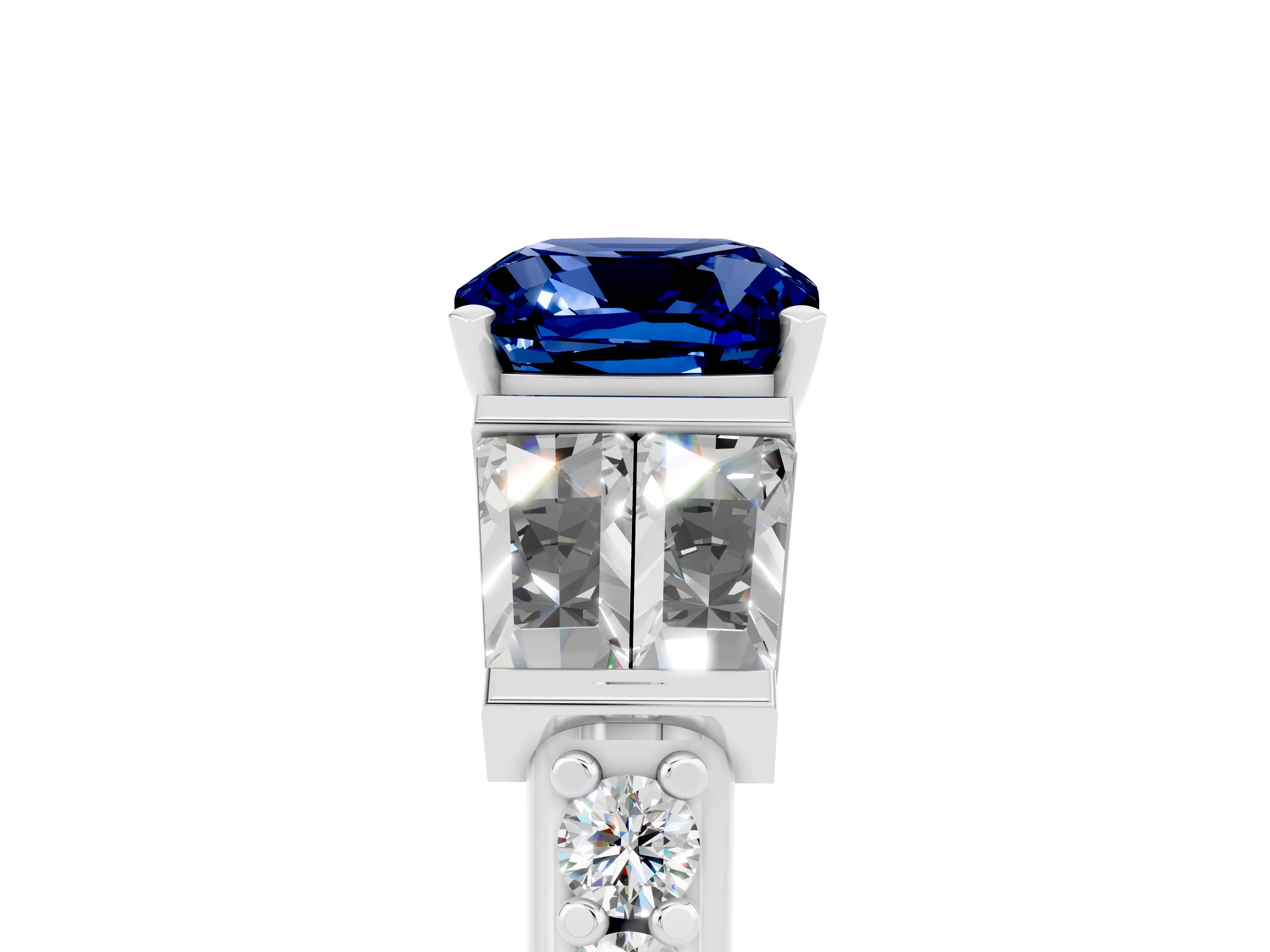 White gold Cushion Cut Blue Sapphire Engagement Ring with Baguette Side Stones and Channel Set Band_5