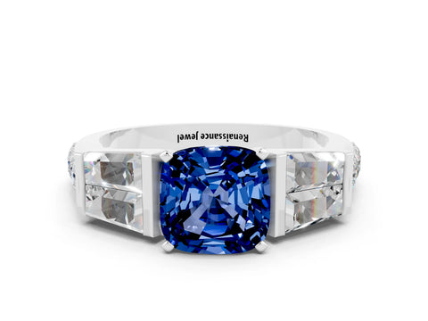 White gold Cushion Cut Blue Sapphire Engagement Ring with Baguette Side Stones and Channel Set Band