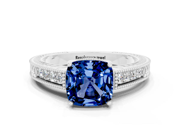 Platinum Cushion Cut Blue Sapphire Engagement Ring with Milgrain Channel Set Band and Prong Setting