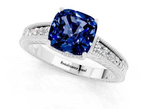 White gold Cushion Cut Blue Sapphire Engagement Ring with Milgrain Channel Set Band and Prong Setting_1