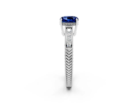 White gold Cushion Cut Blue Sapphire Engagement Ring with Milgrain Channel Set Band and Prong Setting_2