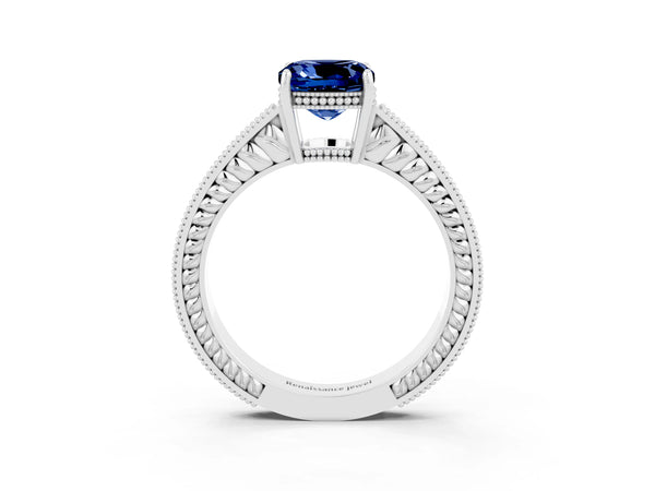 Platinum Cushion Cut Blue Sapphire Engagement Ring with Milgrain Channel Set Band and Prong Setting