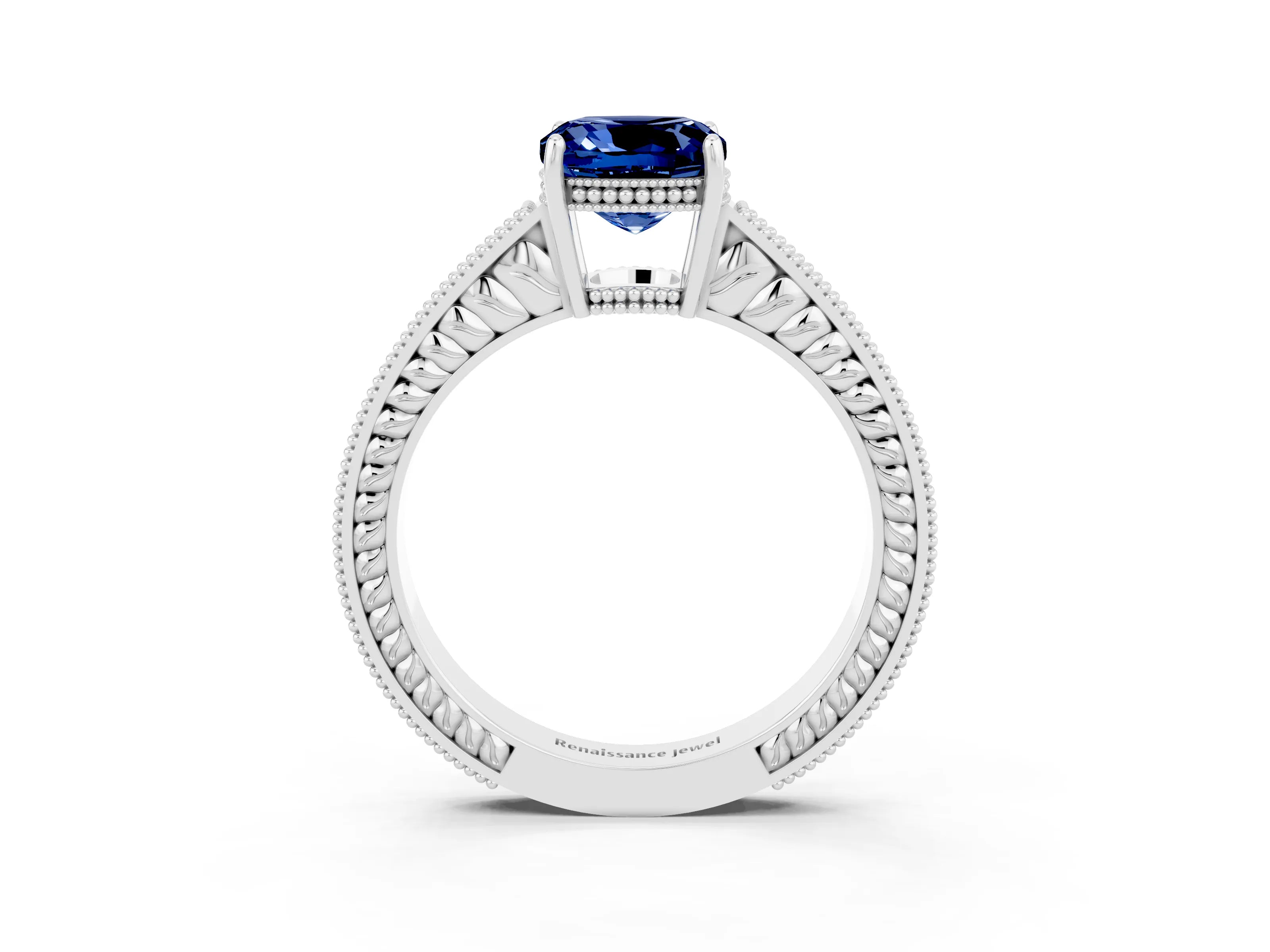 White gold Cushion Cut Blue Sapphire Engagement Ring with Milgrain Channel Set Band and Prong Setting_3