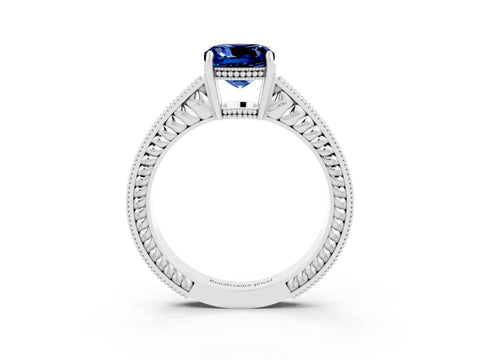 White gold Cushion Cut Blue Sapphire Engagement Ring with Milgrain Channel Set Band and Prong Setting_3