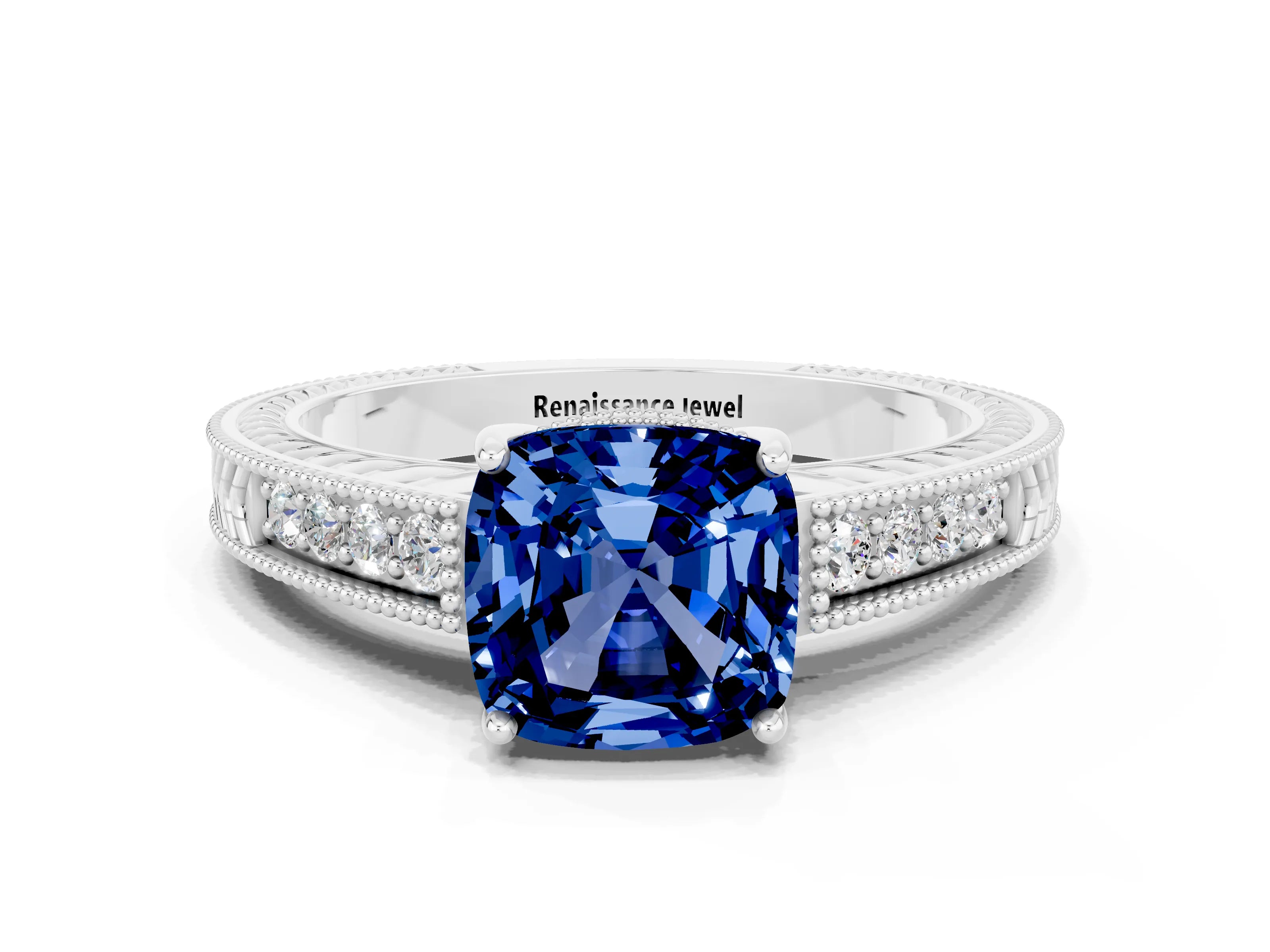 White gold Cushion Cut Blue Sapphire Engagement Ring with Milgrain Channel Set Band and Prong Setting