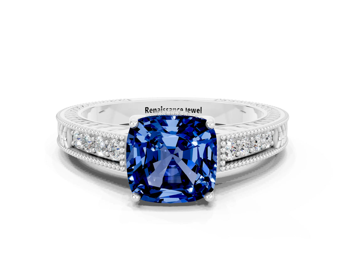 White gold Cushion Cut Blue Sapphire Engagement Ring with Milgrain Channel Set Band and Prong Setting