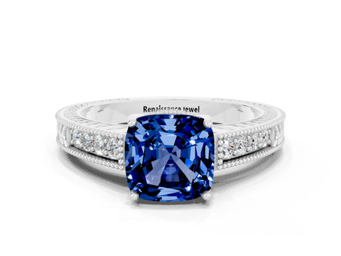 White gold Cushion Cut Blue Sapphire Engagement Ring with Milgrain Channel Set Band and Prong Setting
