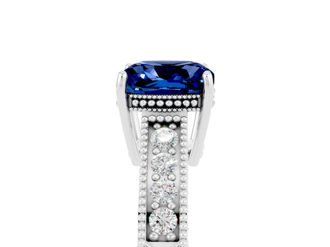 White gold Cushion Cut Blue Sapphire Engagement Ring with Milgrain Channel Set Band and Prong Setting_5