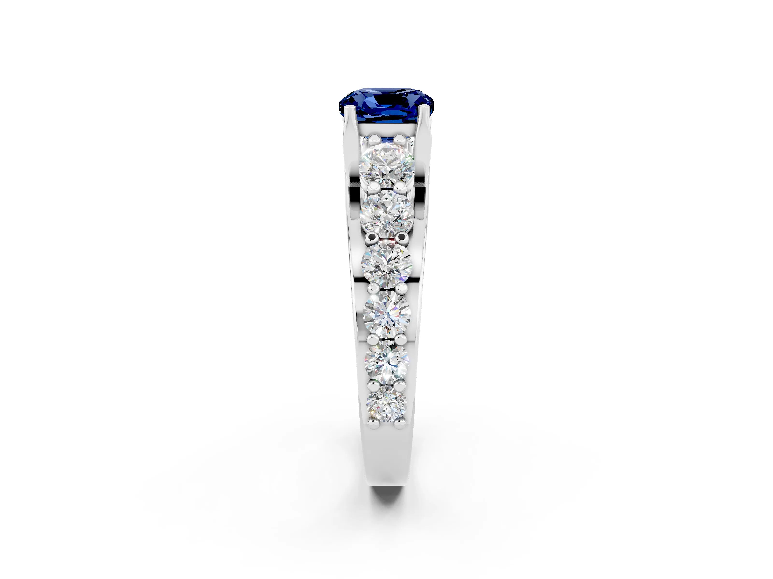 White gold Cushion Cut Blue Sapphire Engagement Ring with Pavé Band and Four-Prong Setting_2
