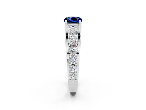 White gold Cushion Cut Blue Sapphire Engagement Ring with Pavé Band and Four-Prong Setting_2