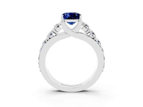 White gold Cushion Cut Blue Sapphire Engagement Ring with Pavé Band and Four-Prong Setting