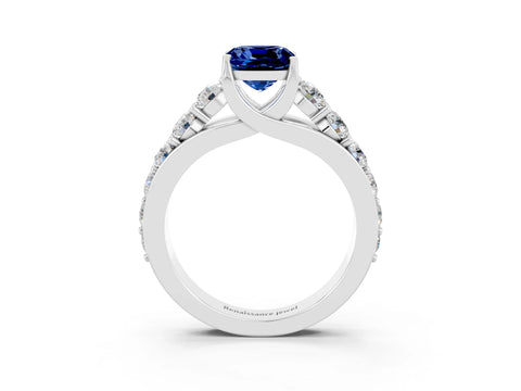 White gold Cushion Cut Blue Sapphire Engagement Ring with Pavé Band and Four-Prong Setting_3