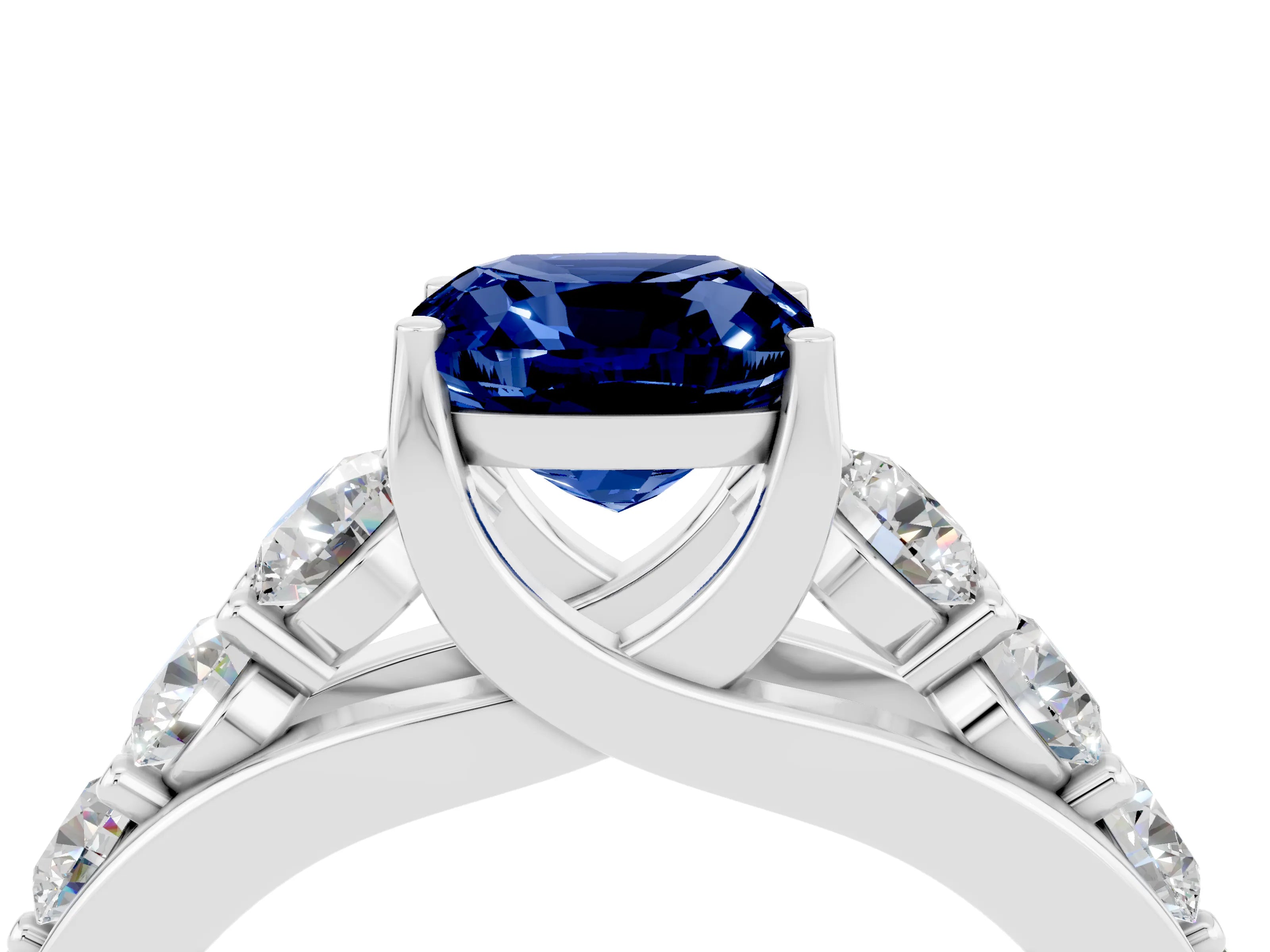 White gold Cushion Cut Blue Sapphire Engagement Ring with Pavé Band and Four-Prong Setting_4