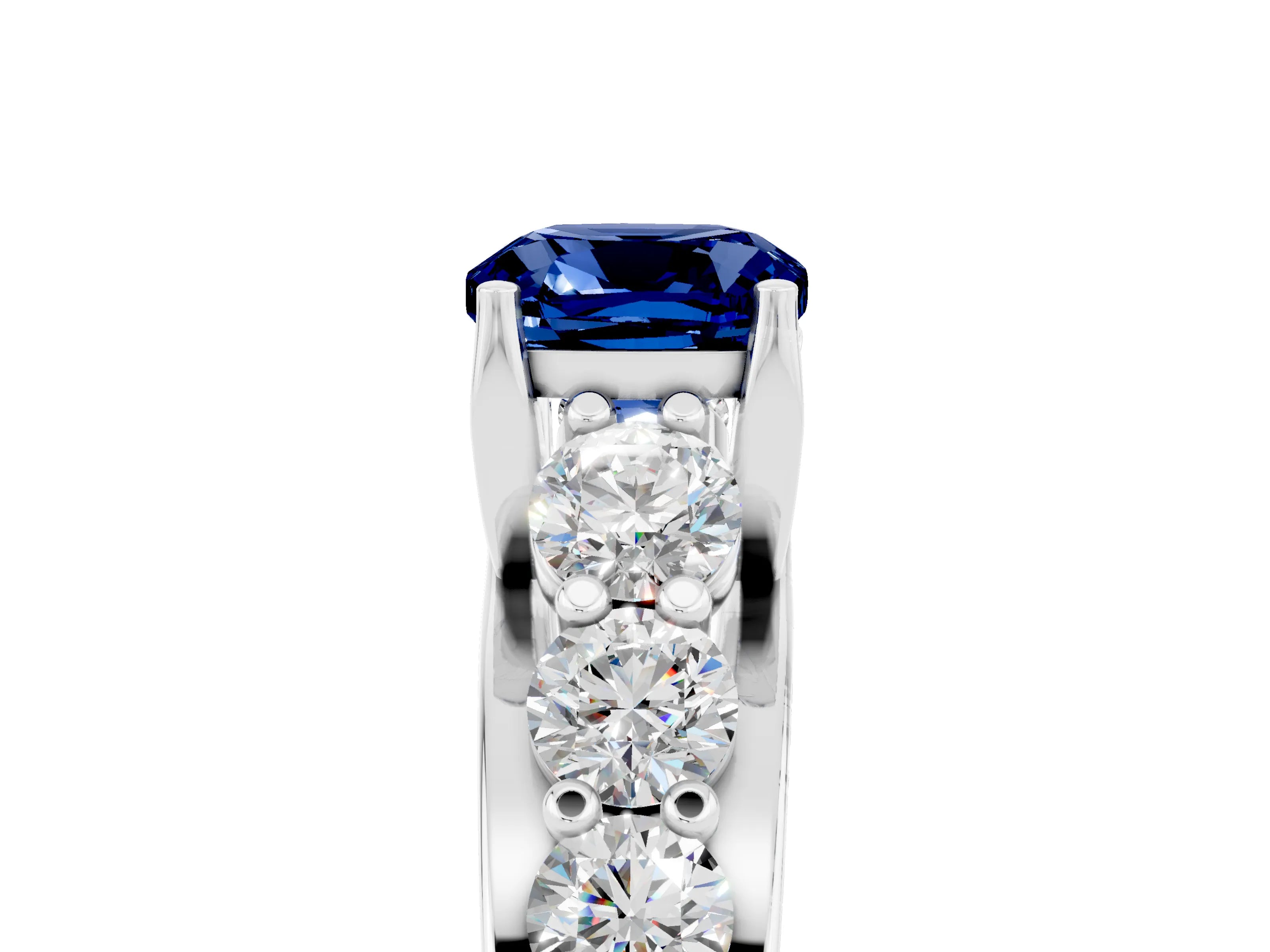 White gold Cushion Cut Blue Sapphire Engagement Ring with Pavé Band and Four-Prong Setting_5