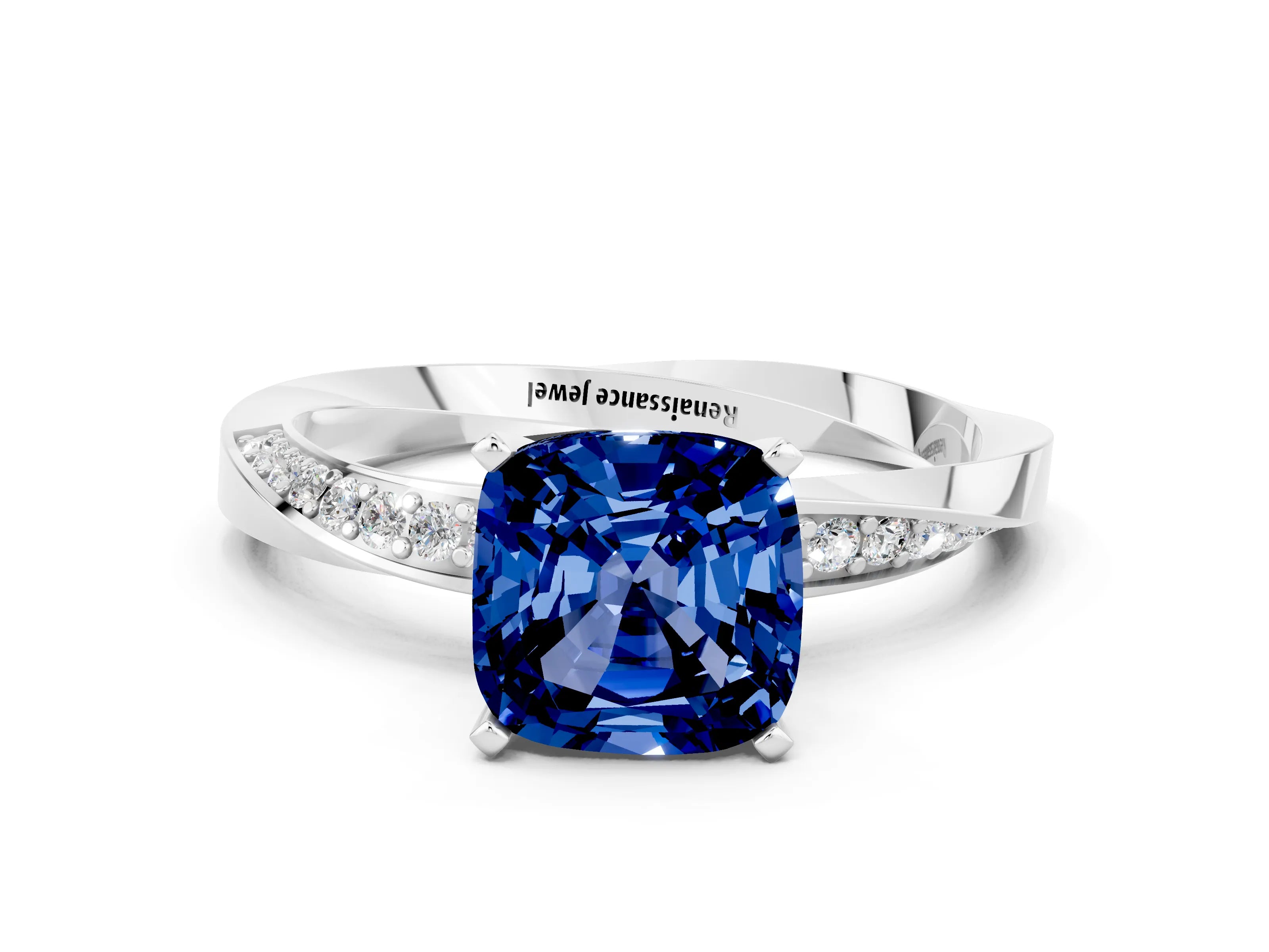 White gold Cushion Cut Blue Sapphire Engagement Ring with Side Stone Accents and Four-Prong Setting_27