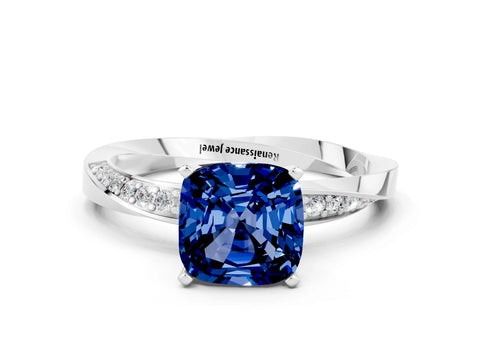 White gold Cushion Cut Blue Sapphire Engagement Ring with Side Stone Accents and Four-Prong Setting_27