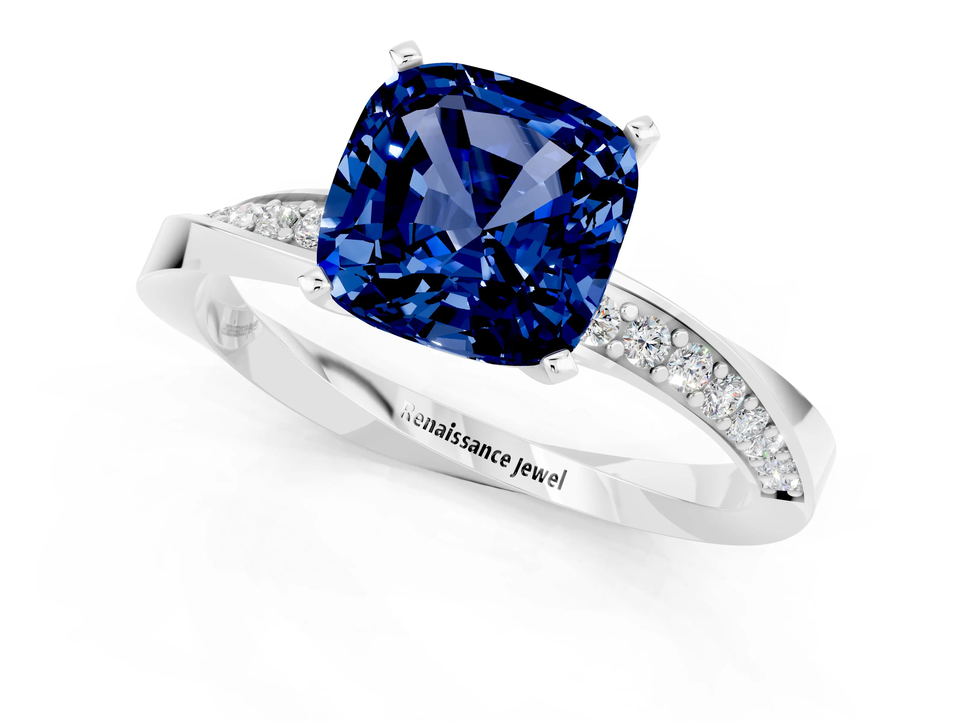 White gold Cushion Cut Blue Sapphire Engagement Ring with Side Stone Accents and Four-Prong Setting_28